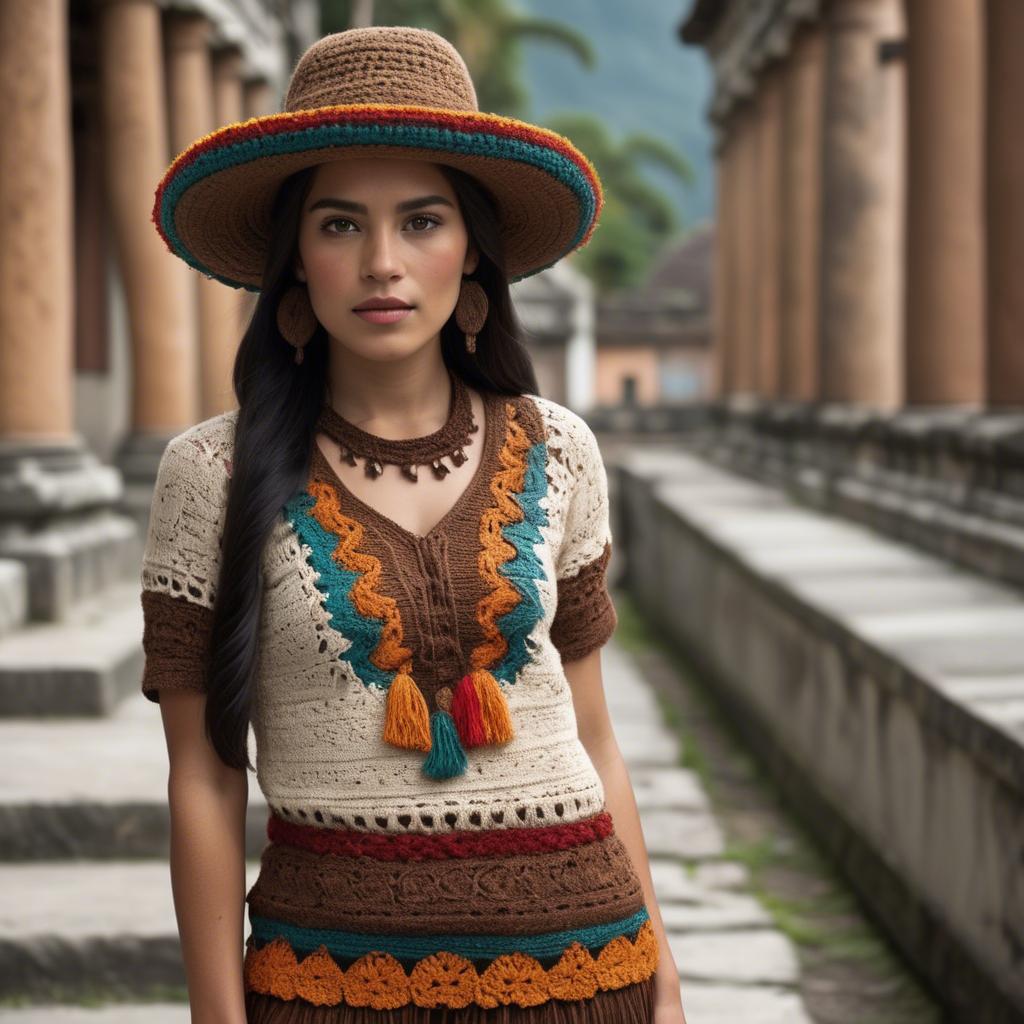 A stunning image of guatemalan beauty in a refined crochet ensemble accentuated by earthy cultural elements.