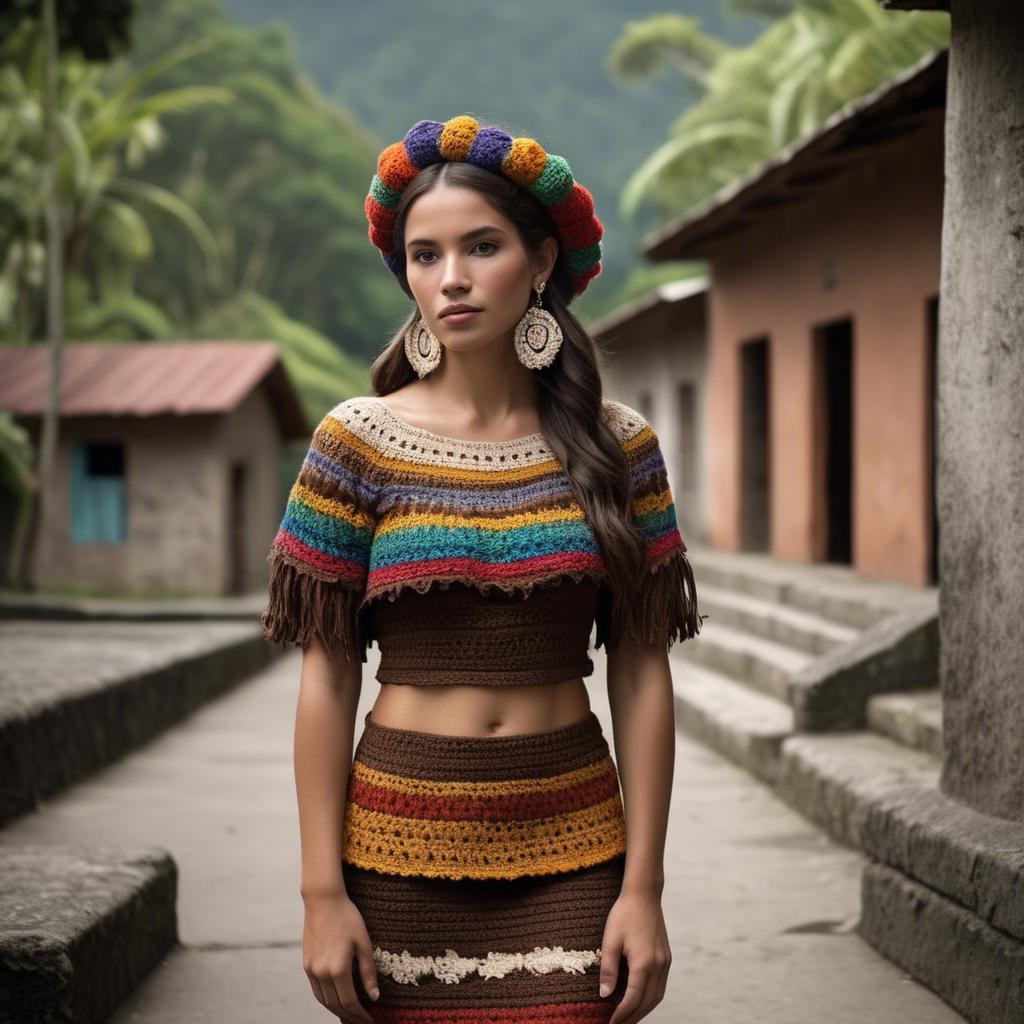 A stunning image of guatemalan beauty in a refined crochet ensemble accentuated by earthy cultural elements.