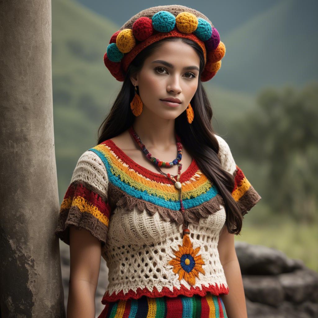 A stunning image of guatemalan beauty in a refined crochet ensemble accentuated by earthy cultural elements.