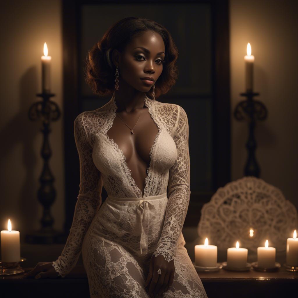 A stunning image of haitian muse elegantly posing in a delicate lace outfit amidst dim candlelight.