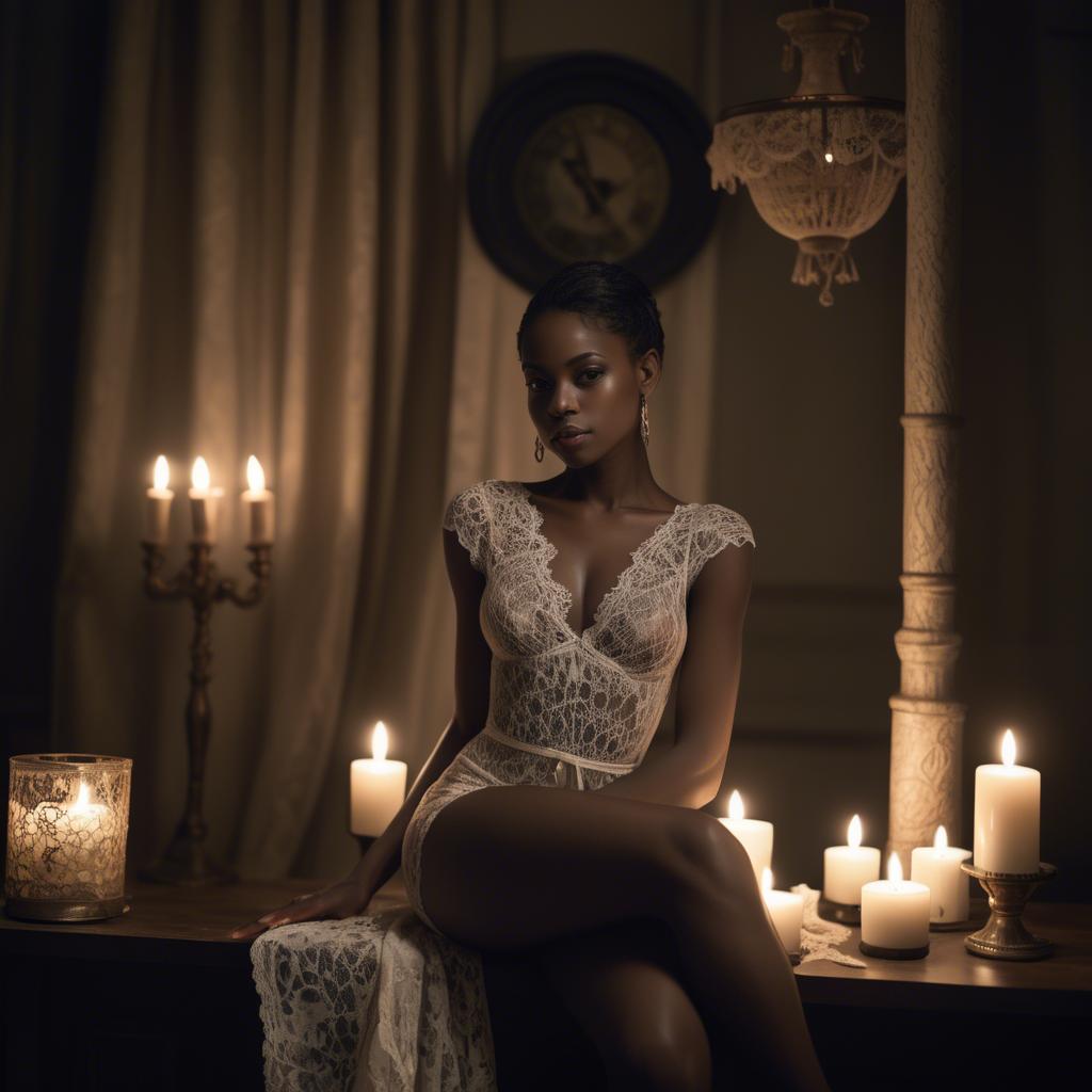 A stunning image of haitian muse elegantly posing in a delicate lace outfit amidst dim candlelight.