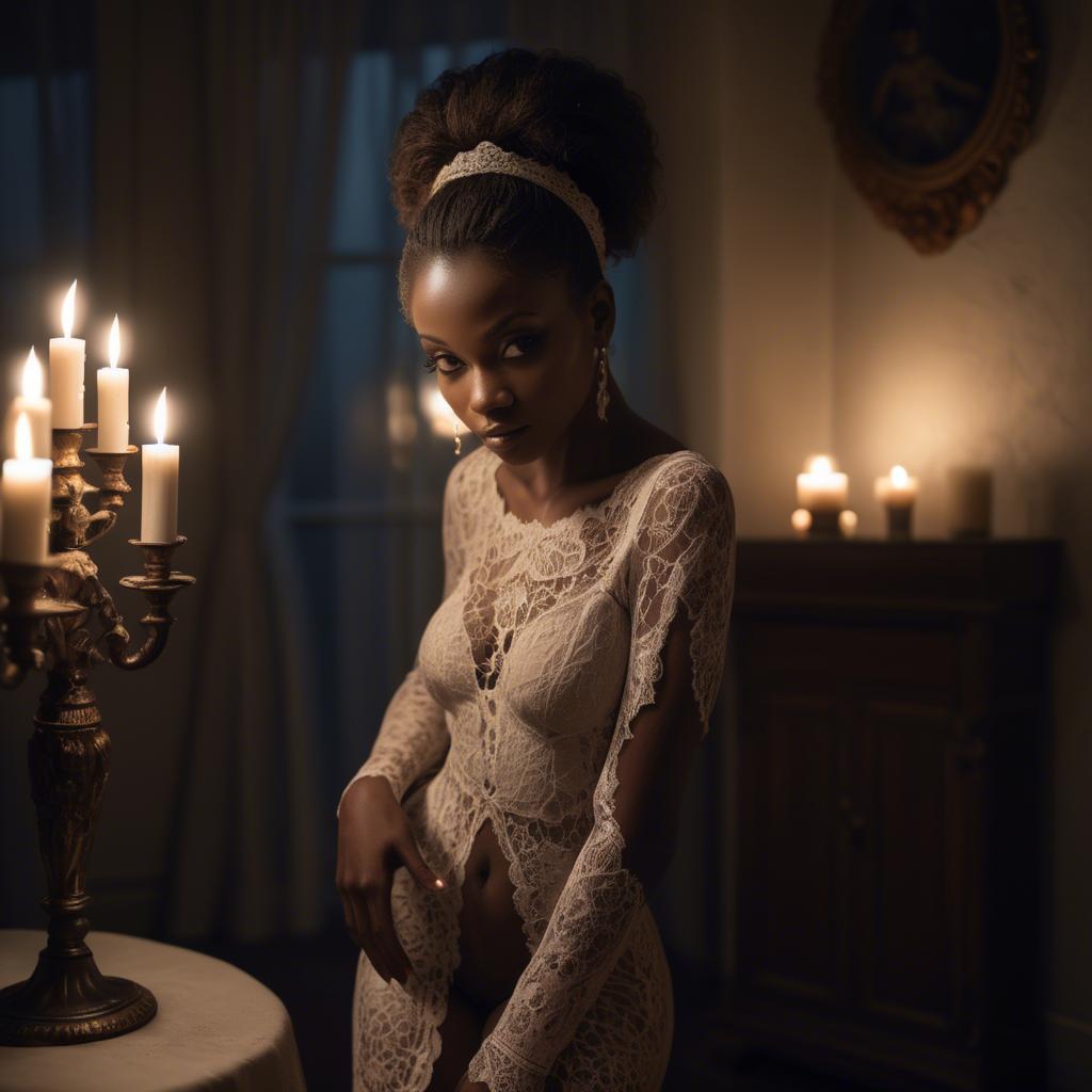 A stunning image of haitian muse elegantly posing in a delicate lace outfit amidst dim candlelight.