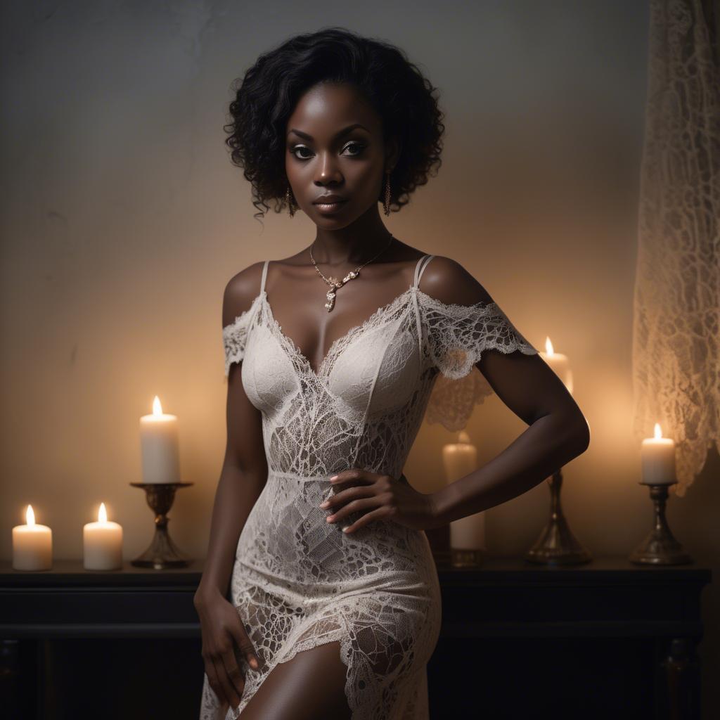 A stunning image of haitian muse elegantly posing in a delicate lace outfit amidst dim candlelight.