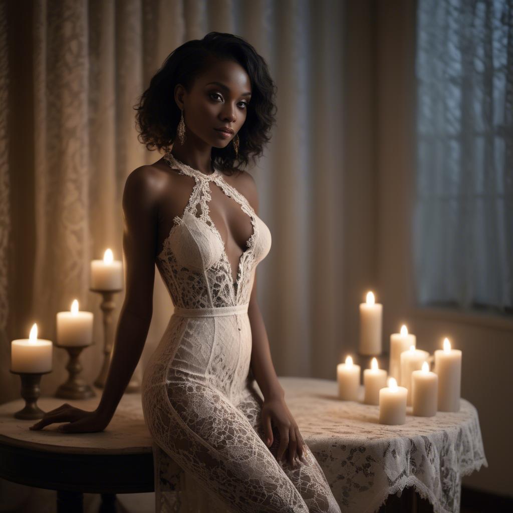 A stunning image of haitian muse elegantly posing in a delicate lace outfit amidst dim candlelight.