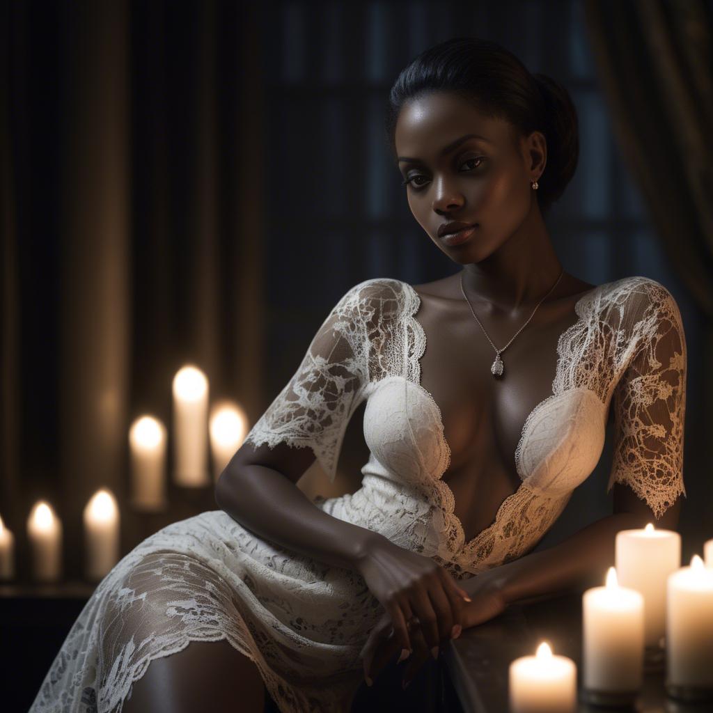 A stunning image of haitian muse elegantly posing in a delicate lace outfit amidst dim candlelight.