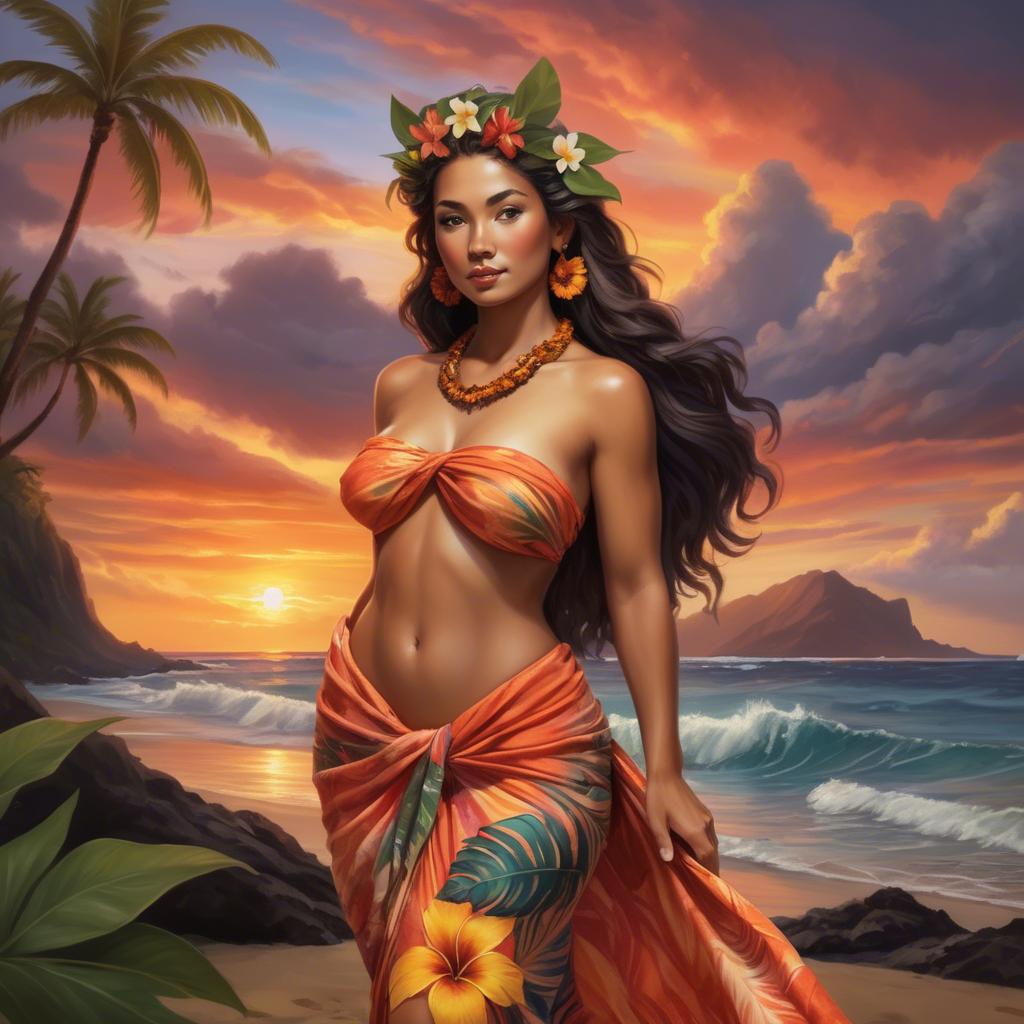 A stunning image of hawaiian-inspired goddess wearing a flowing tropical sarong lit by fiery sunset skies.