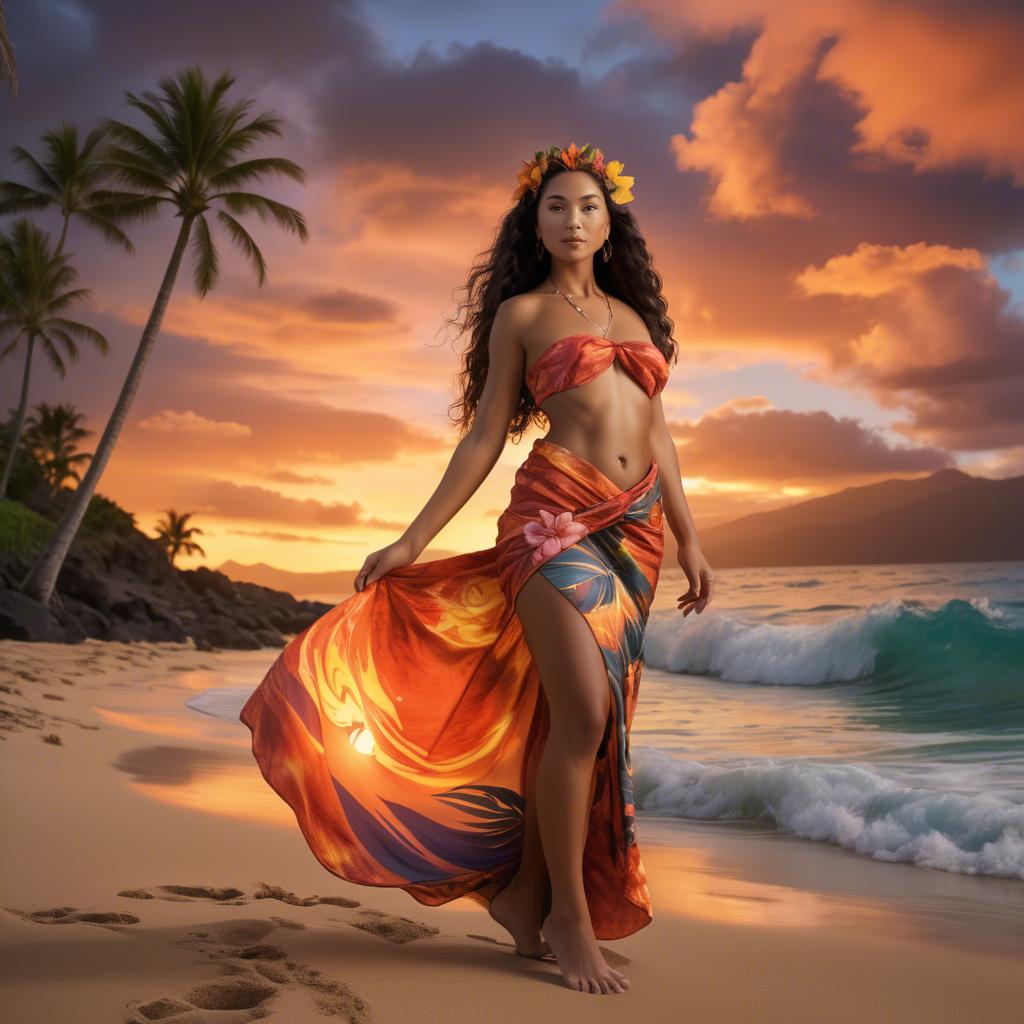 A stunning image of hawaiian-inspired goddess wearing a flowing tropical sarong lit by fiery sunset skies.