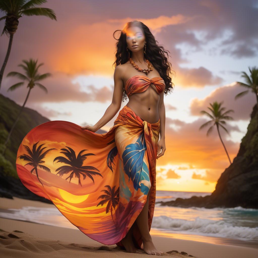 A stunning image of hawaiian-inspired goddess wearing a flowing tropical sarong lit by fiery sunset skies.