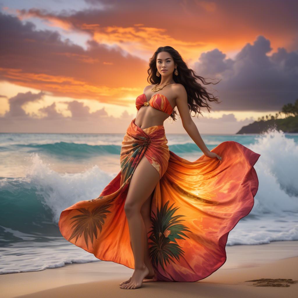 A stunning image of hawaiian-inspired goddess wearing a flowing tropical sarong lit by fiery sunset skies.