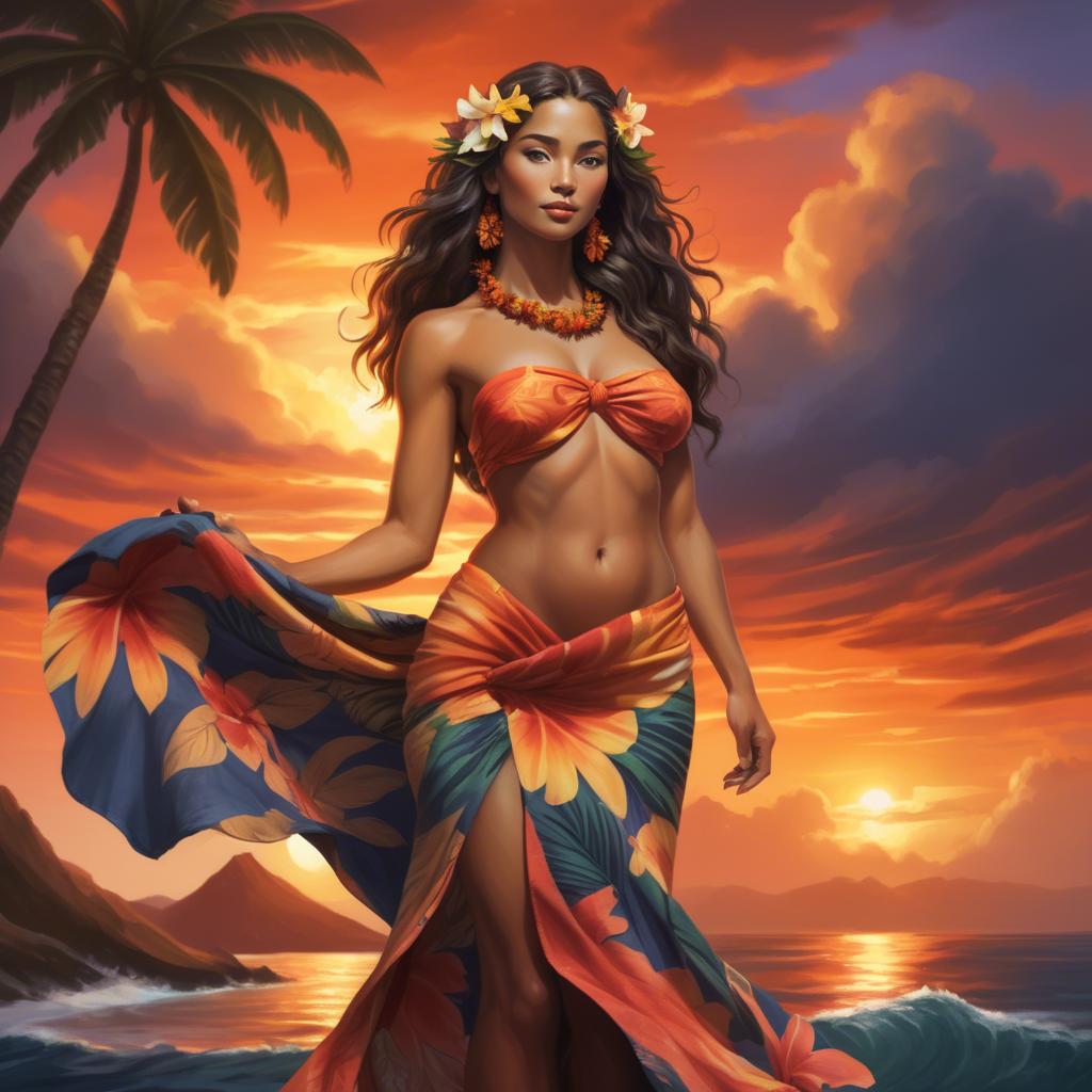 A stunning image of hawaiian-inspired goddess wearing a flowing tropical sarong lit by fiery sunset skies.