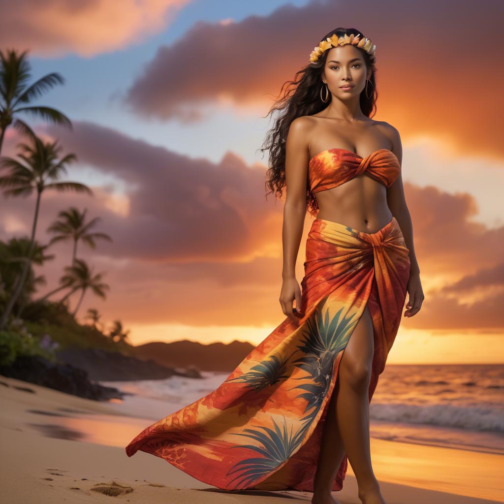 A stunning image of hawaiian-inspired goddess wearing a flowing tropical sarong lit by fiery sunset skies.