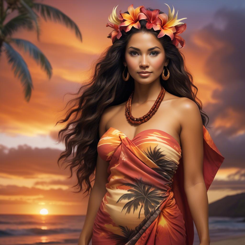 A stunning image of hawaiian-inspired goddess wearing a flowing tropical sarong lit by fiery sunset skies.