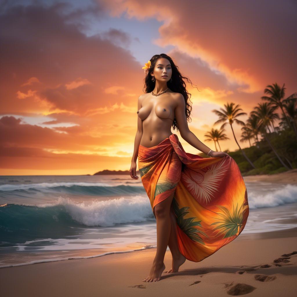 A stunning image of hawaiian-inspired goddess wearing a flowing tropical sarong lit by fiery sunset skies.