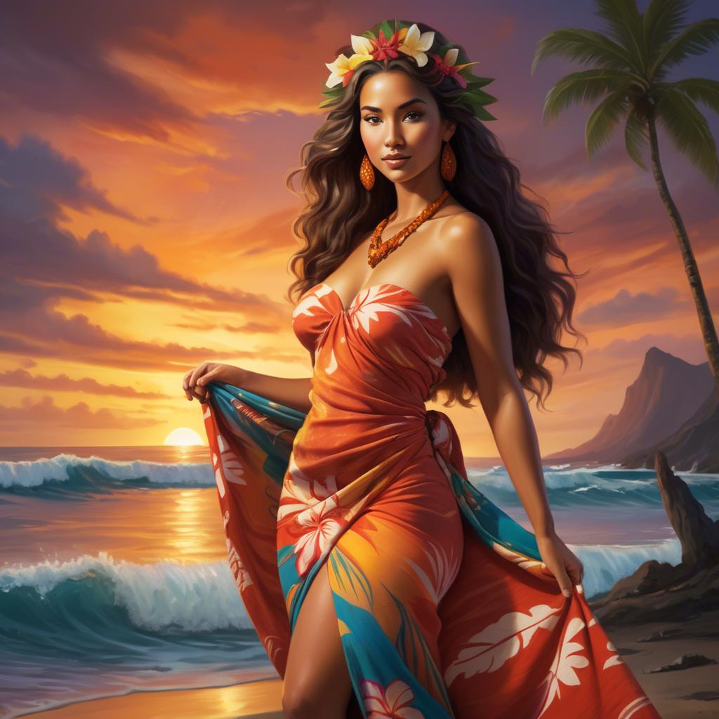 A stunning image of hawaiian-inspired goddess wearing a flowing tropical sarong lit by fiery sunset skies.