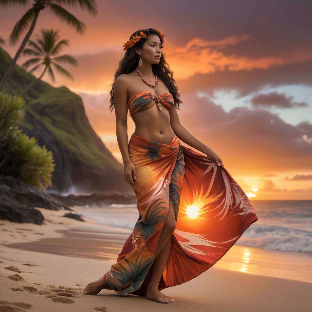 A stunning image of hawaiian-inspired goddess wearing a flowing tropical sarong lit by fiery sunset skies.