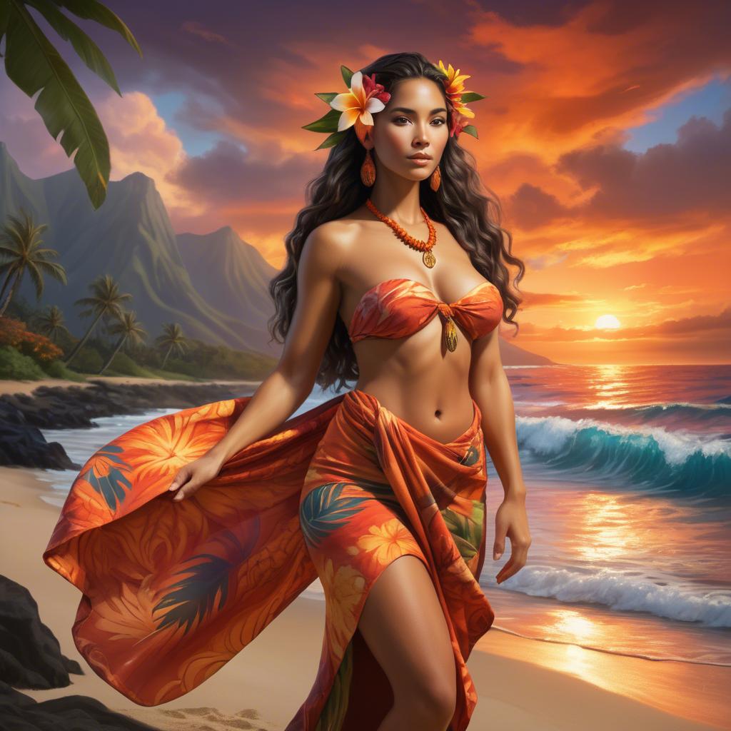 A stunning image of hawaiian-inspired goddess wearing a flowing tropical sarong lit by fiery sunset skies.