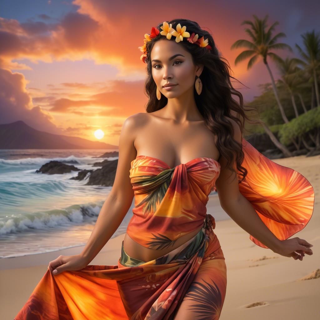 A stunning image of hawaiian-inspired goddess wearing a flowing tropical sarong lit by fiery sunset skies.
