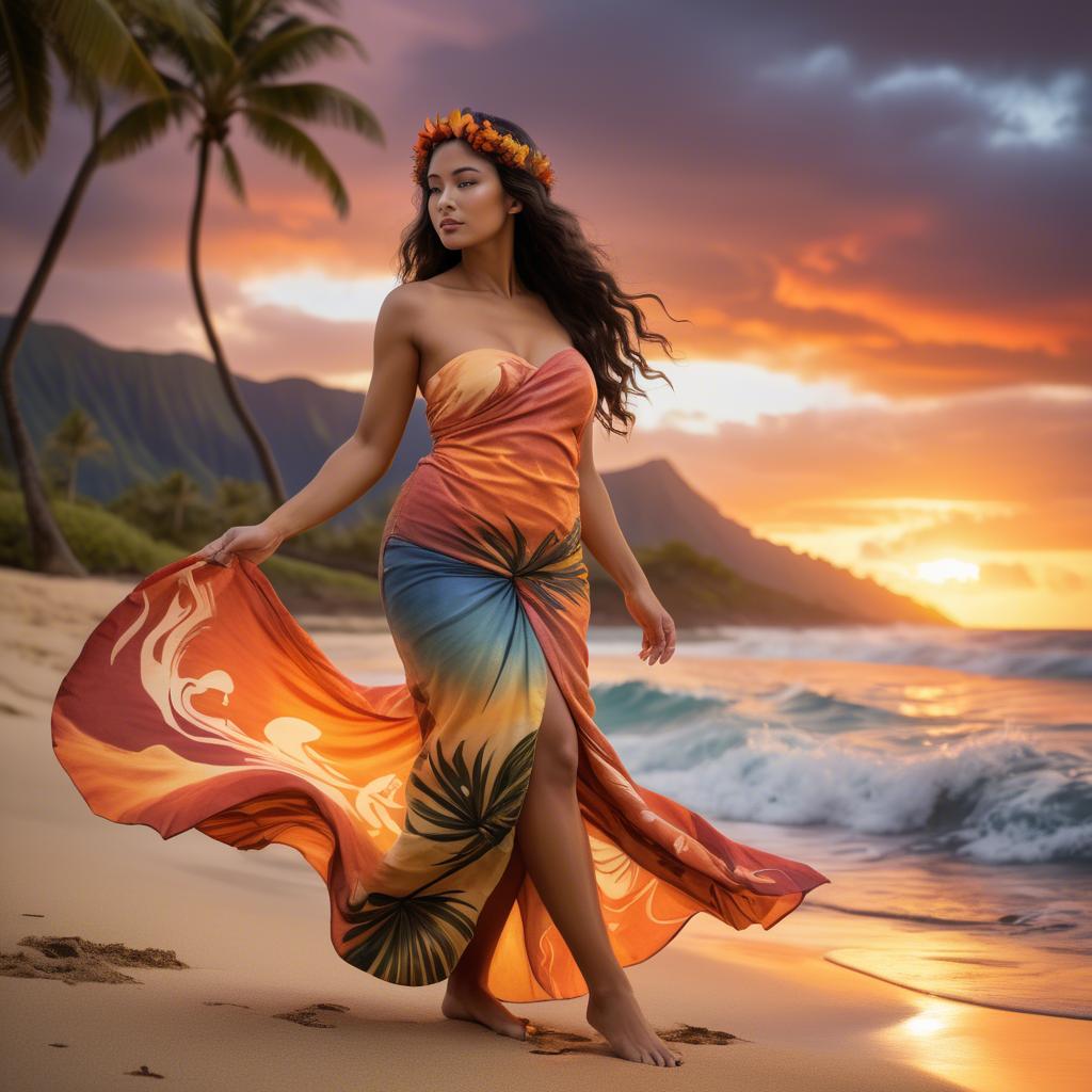 A stunning image of hawaiian-inspired goddess wearing a flowing tropical sarong lit by fiery sunset skies.