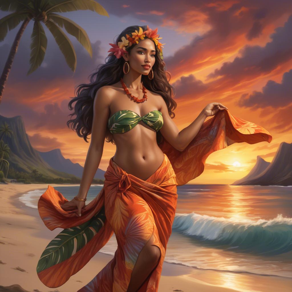 A stunning image of hawaiian-inspired goddess wearing a flowing tropical sarong lit by fiery sunset skies.
