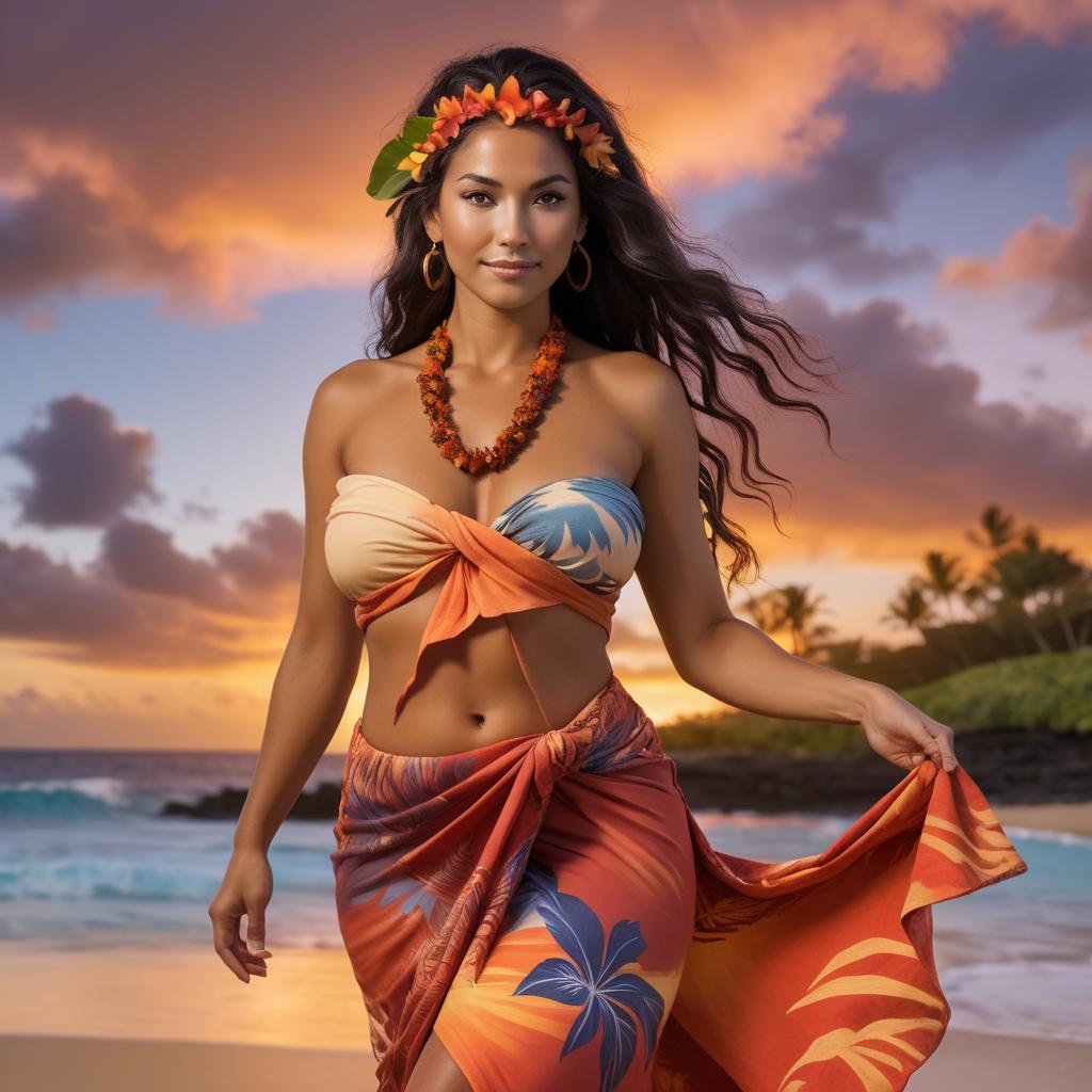 A stunning image of hawaiian-inspired goddess wearing a flowing tropical sarong lit by fiery sunset skies.
