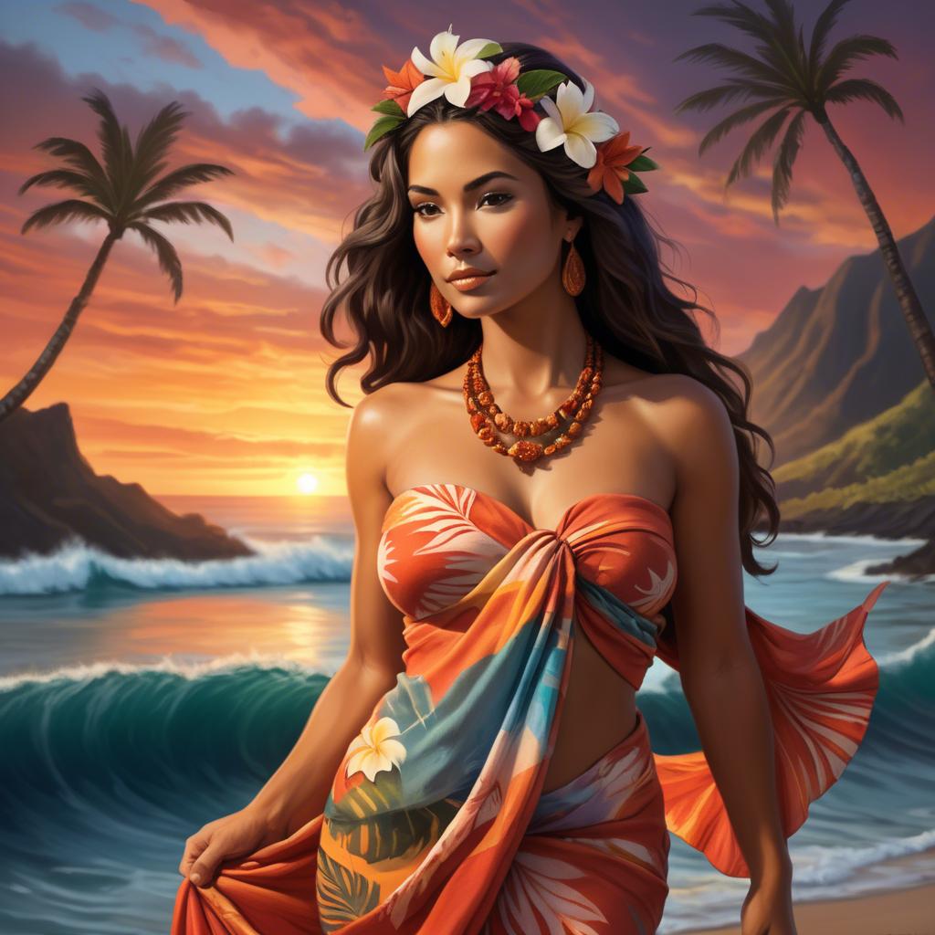 A stunning image of hawaiian-inspired goddess wearing a flowing tropical sarong lit by fiery sunset skies.