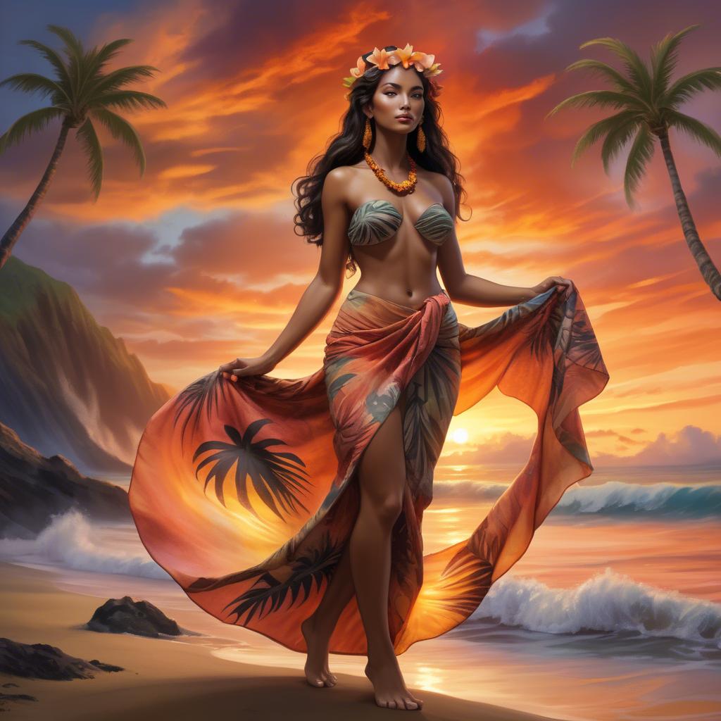 A stunning image of hawaiian-inspired goddess wearing a flowing tropical sarong lit by fiery sunset skies.