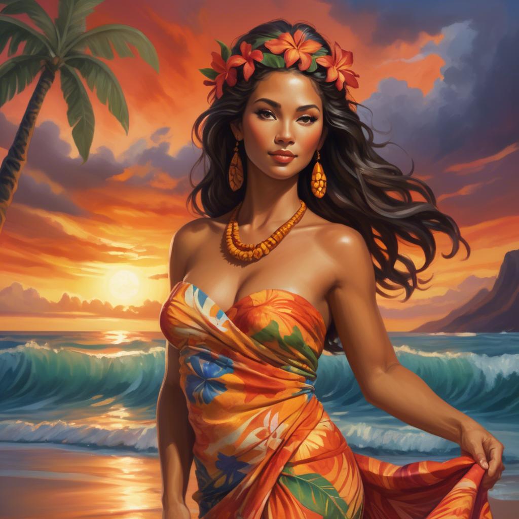 A stunning image of hawaiian-inspired goddess wearing a flowing tropical sarong lit by fiery sunset skies.