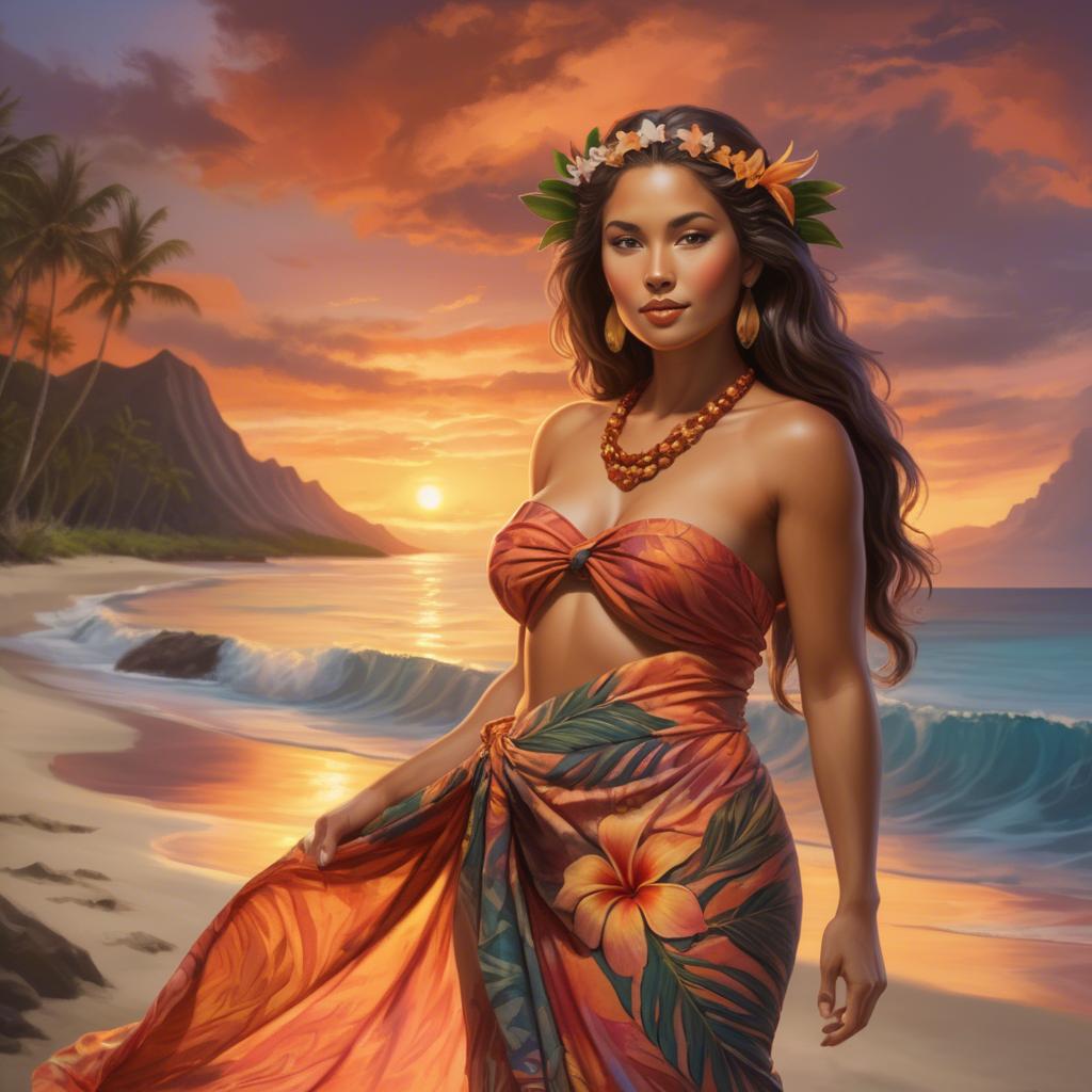 A stunning image of hawaiian-inspired goddess wearing a flowing tropical sarong lit by fiery sunset skies.