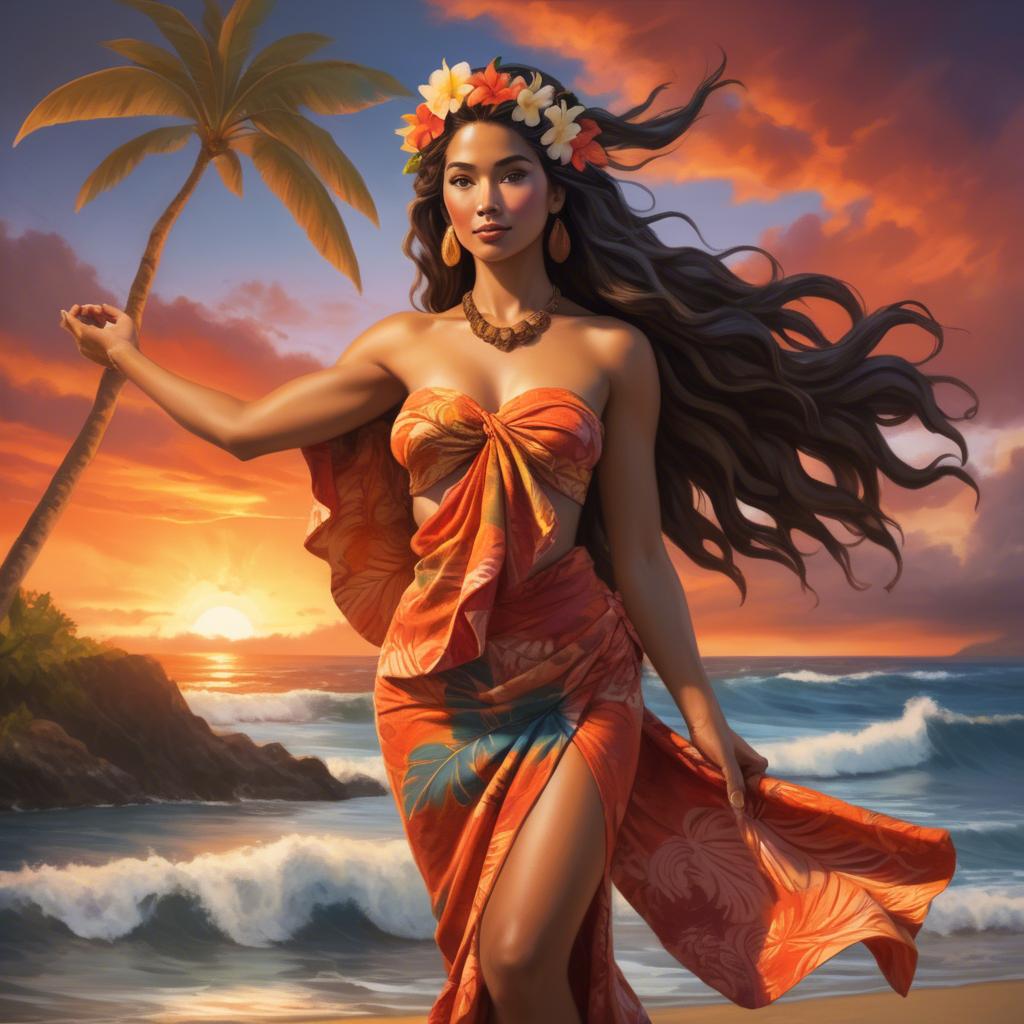 A stunning image of hawaiian-inspired goddess wearing a flowing tropical sarong lit by fiery sunset skies.
