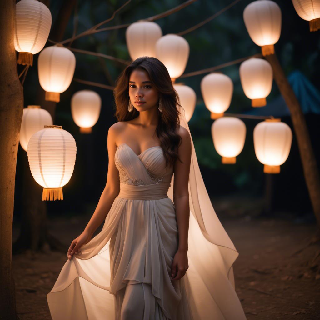A stunning image of honduran stunner wearing layered chiffon, delicately lit by glowing paper lanterns.