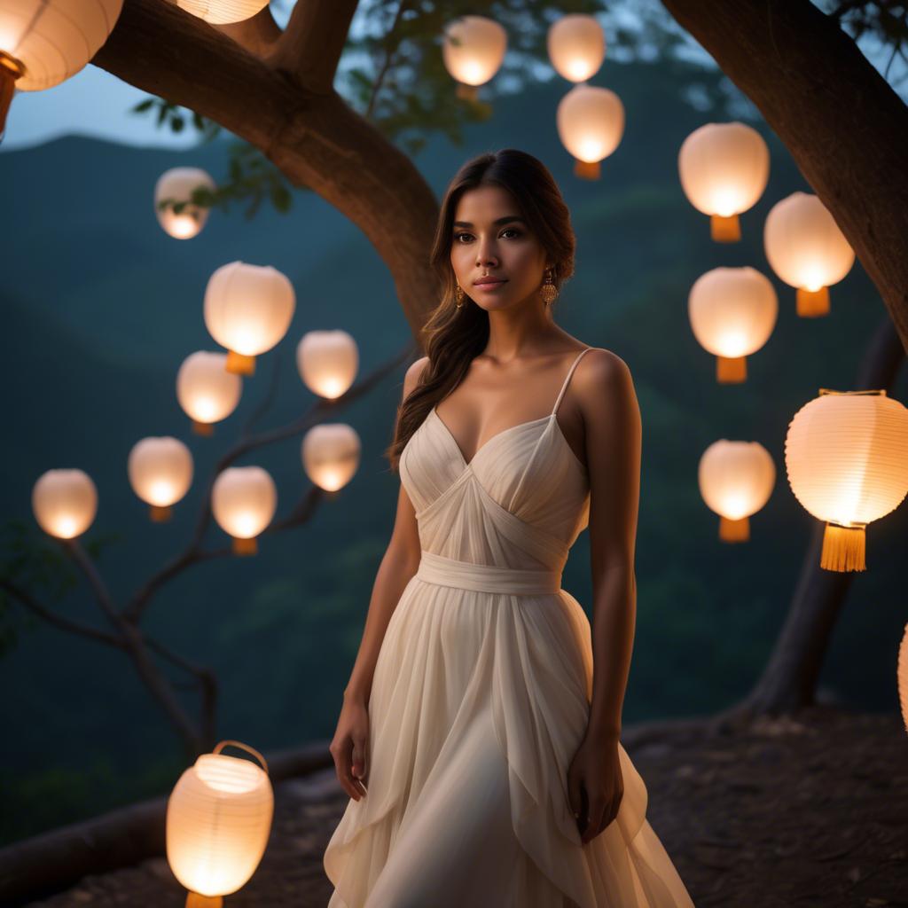 A stunning image of honduran stunner wearing layered chiffon, delicately lit by glowing paper lanterns.