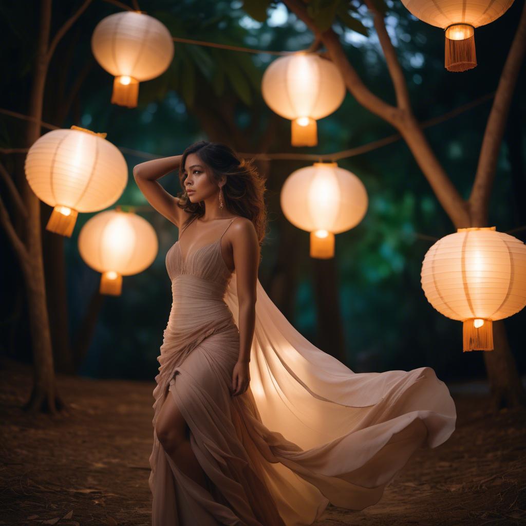 A stunning image of honduran stunner wearing layered chiffon, delicately lit by glowing paper lanterns.