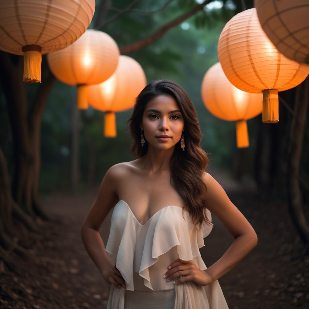 A stunning image of honduran stunner wearing layered chiffon, delicately lit by glowing paper lanterns.