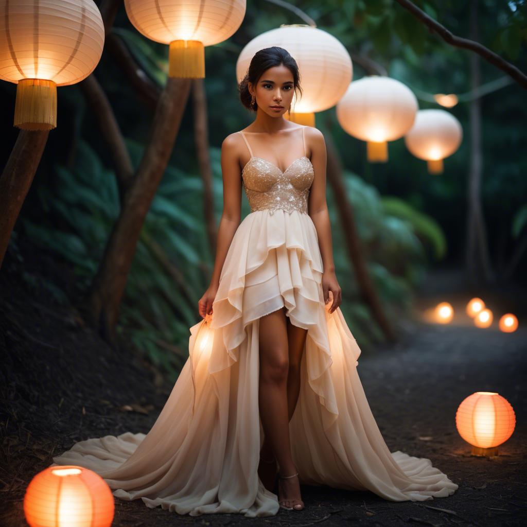A stunning image of honduran stunner wearing layered chiffon, delicately lit by glowing paper lanterns.