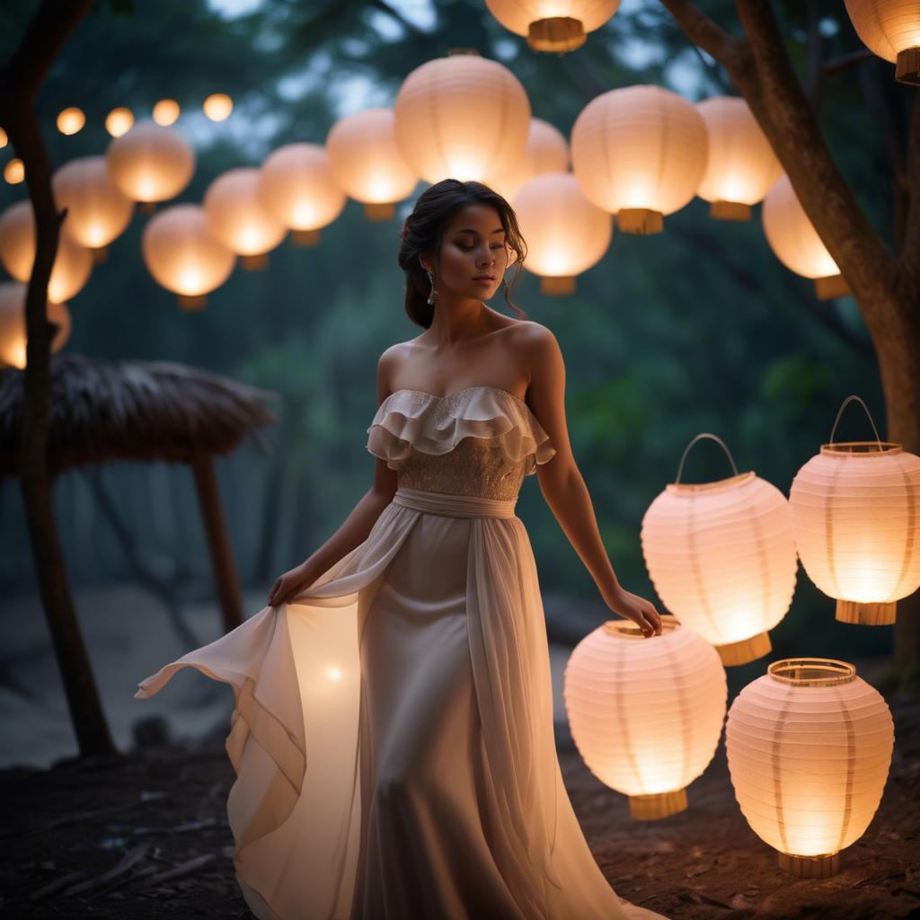 A stunning image of honduran stunner wearing layered chiffon, delicately lit by glowing paper lanterns.