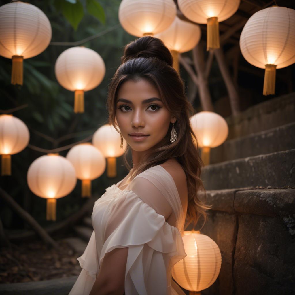 A stunning image of honduran stunner wearing layered chiffon, delicately lit by glowing paper lanterns.