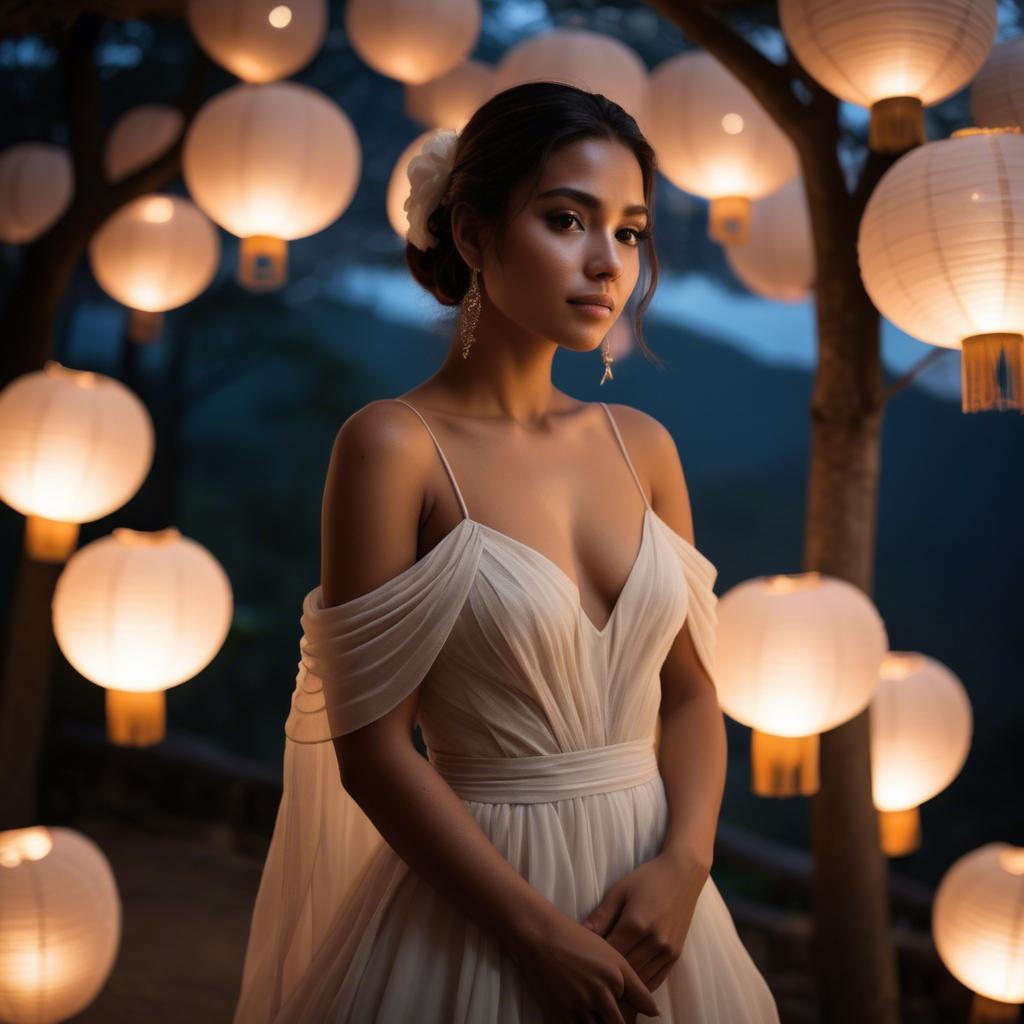 A stunning image of honduran stunner wearing layered chiffon, delicately lit by glowing paper lanterns.