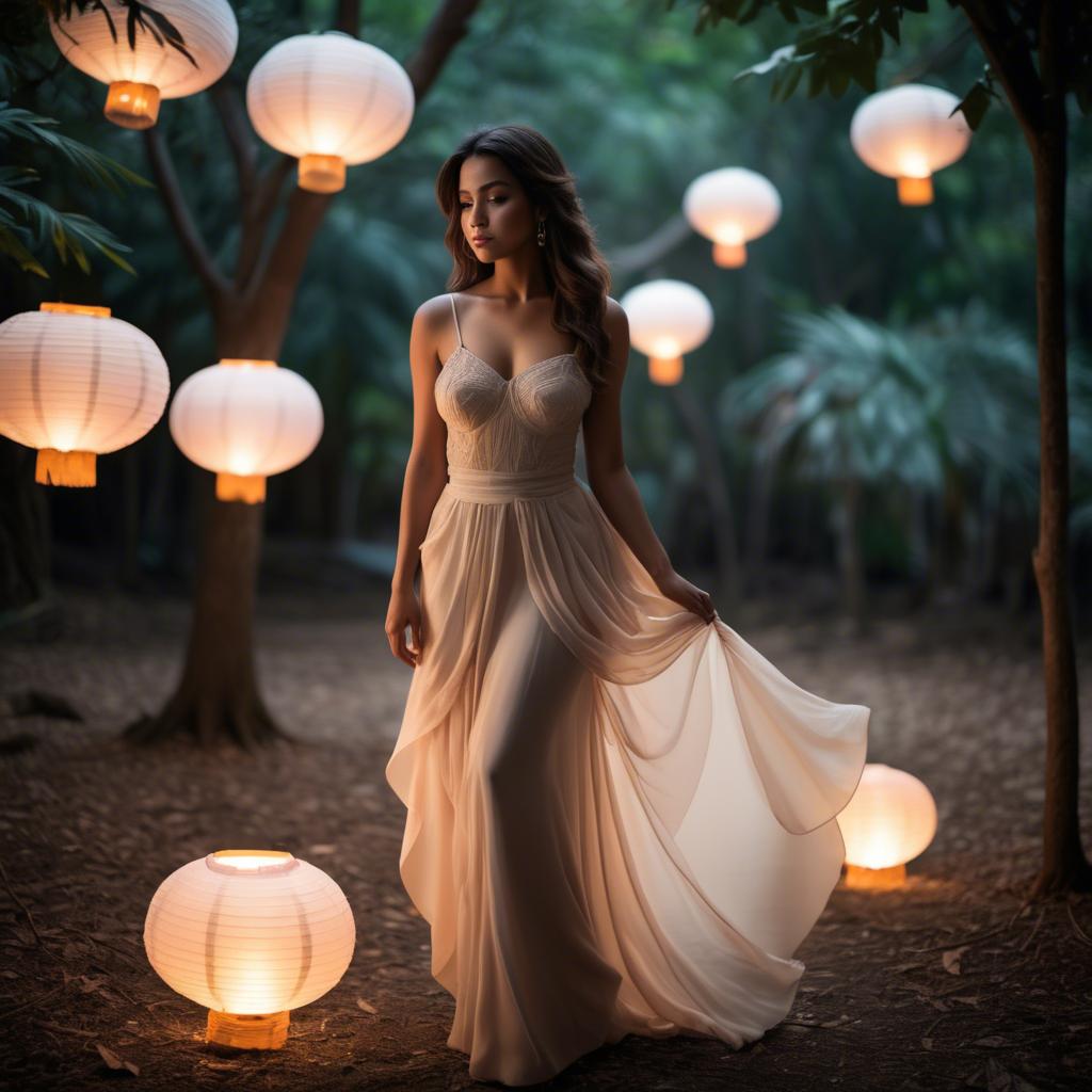 A stunning image of honduran stunner wearing layered chiffon, delicately lit by glowing paper lanterns.