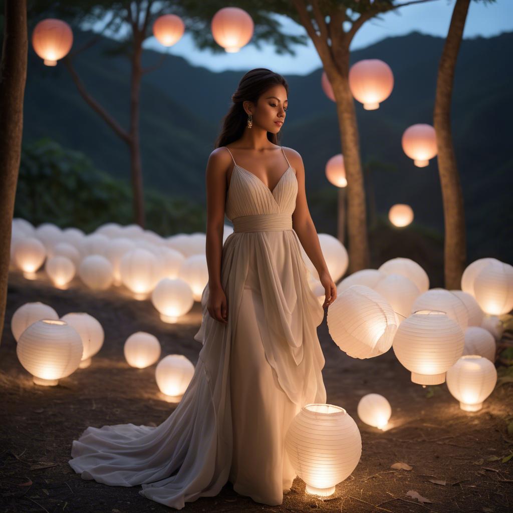 A stunning image of honduran stunner wearing layered chiffon, delicately lit by glowing paper lanterns.