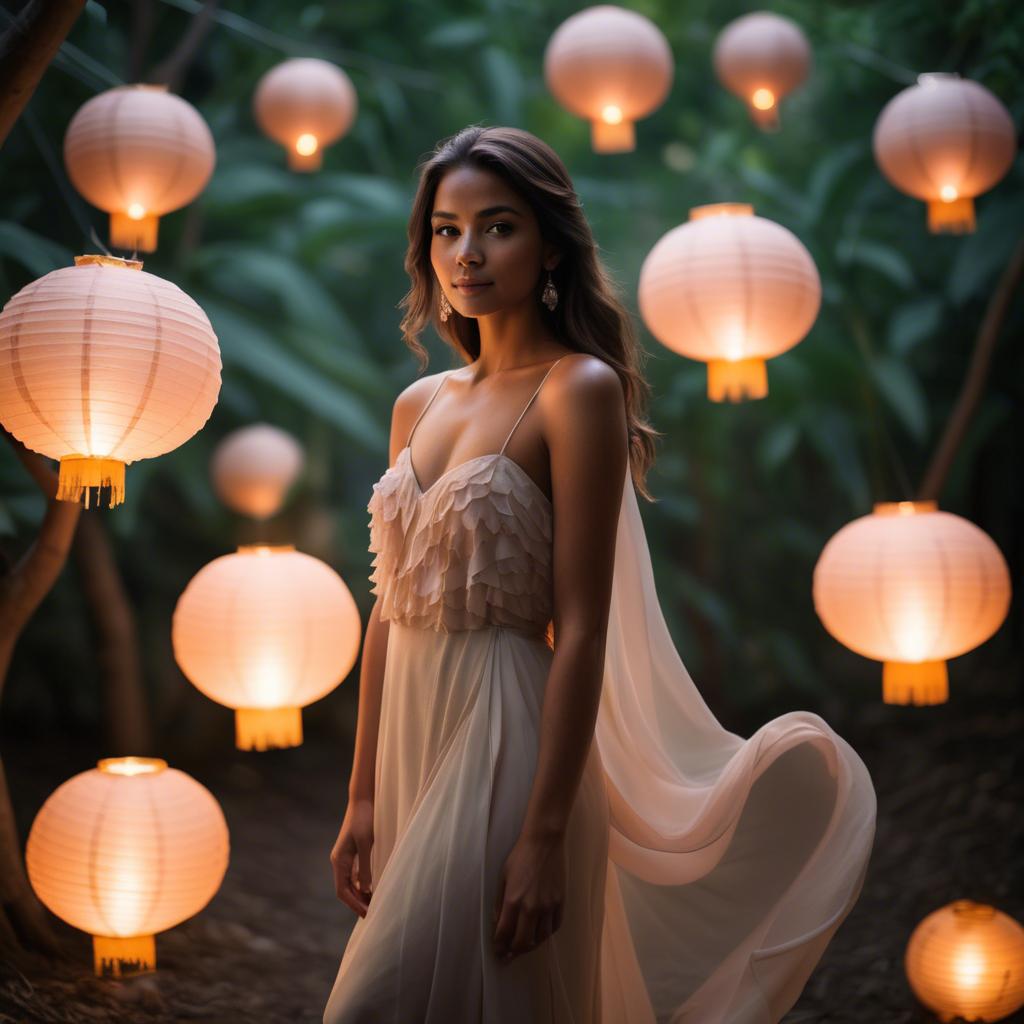 A stunning image of honduran stunner wearing layered chiffon, delicately lit by glowing paper lanterns.