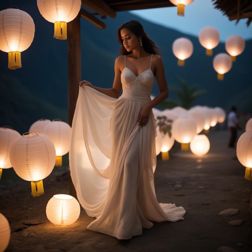 A stunning image of honduran stunner wearing layered chiffon, delicately lit by glowing paper lanterns.