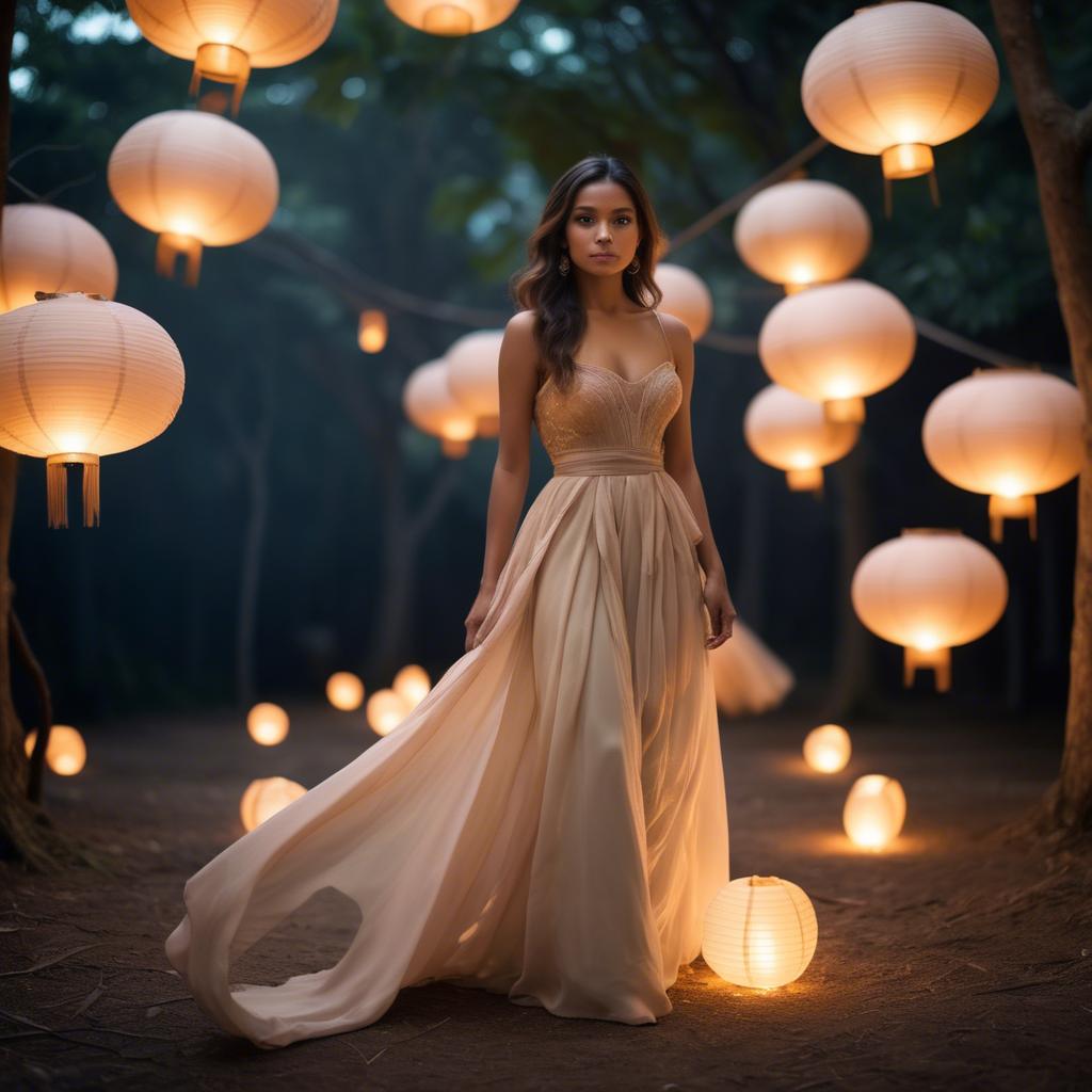 A stunning image of honduran stunner wearing layered chiffon, delicately lit by glowing paper lanterns.