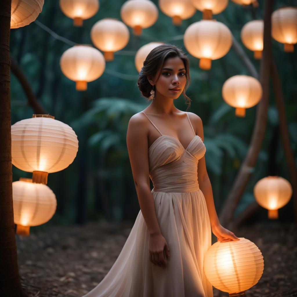 A stunning image of honduran stunner wearing layered chiffon, delicately lit by glowing paper lanterns.