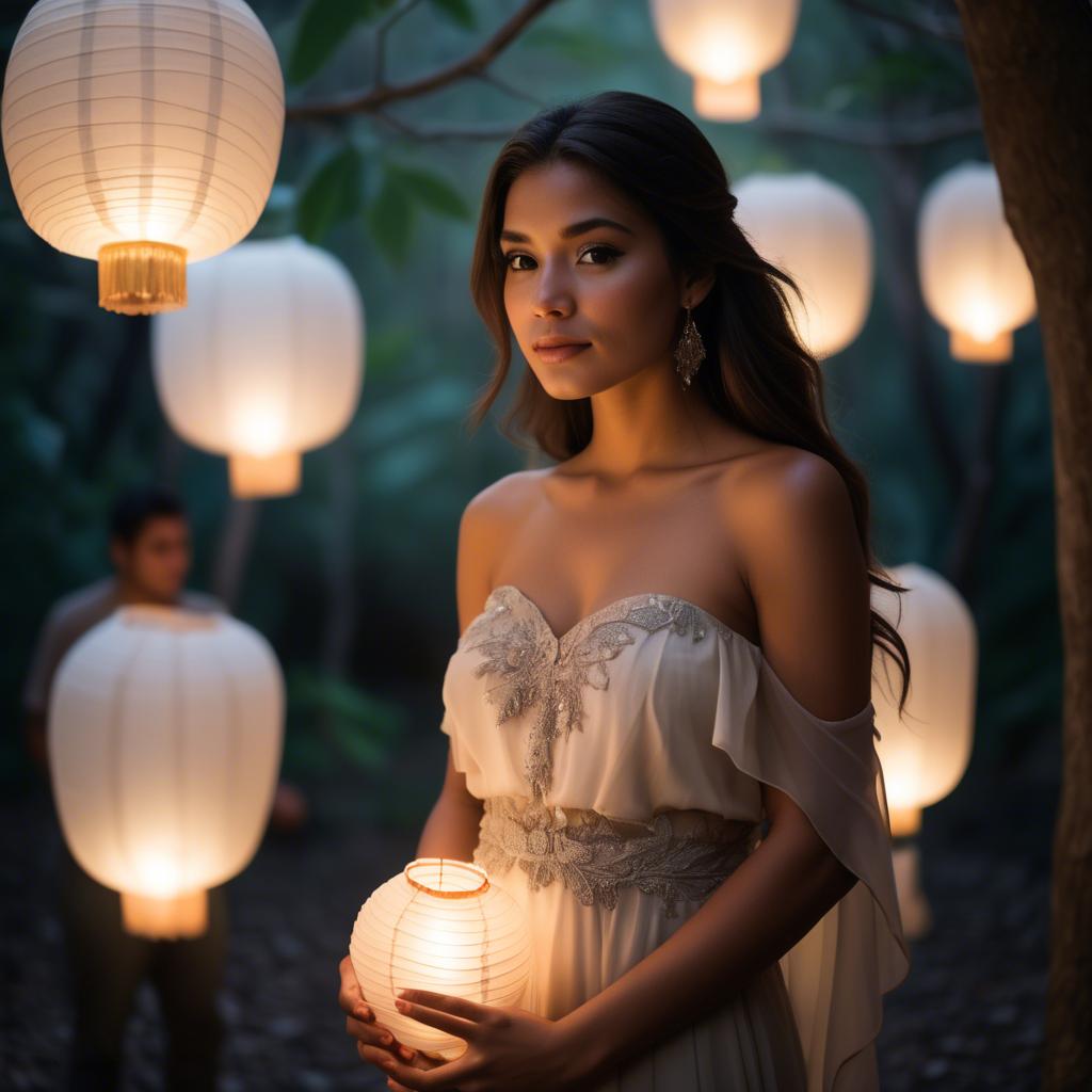 A stunning image of honduran stunner wearing layered chiffon, delicately lit by glowing paper lanterns.
