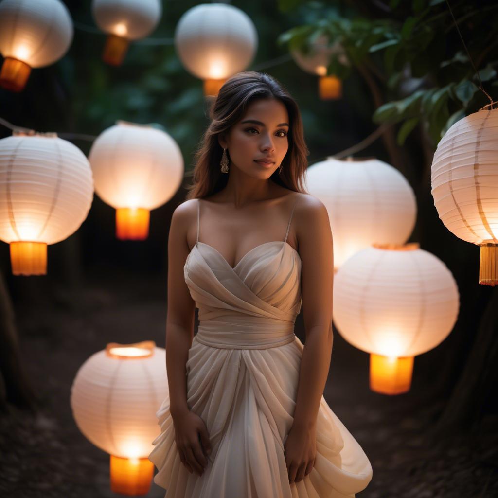 A stunning image of honduran stunner wearing layered chiffon, delicately lit by glowing paper lanterns.