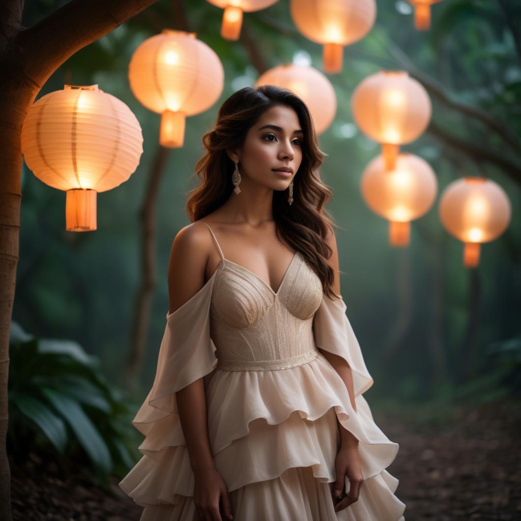 A stunning image of honduran stunner wearing layered chiffon, delicately lit by glowing paper lanterns.