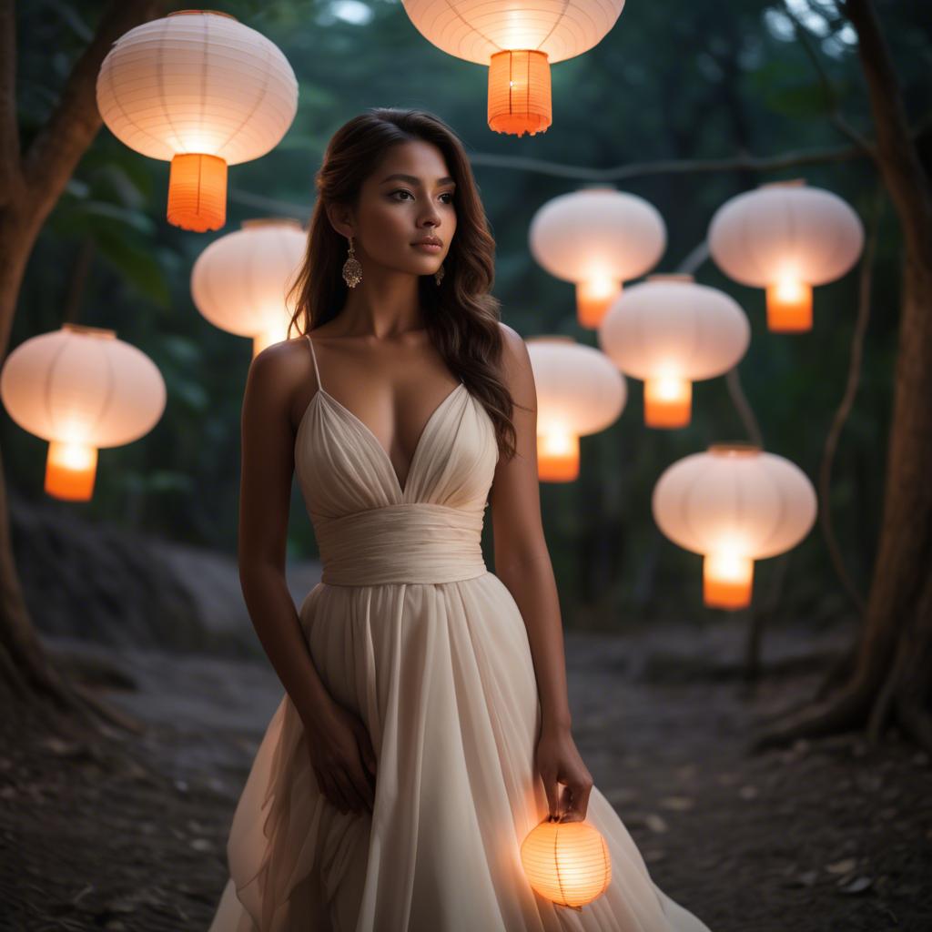 A stunning image of honduran stunner wearing layered chiffon, delicately lit by glowing paper lanterns.