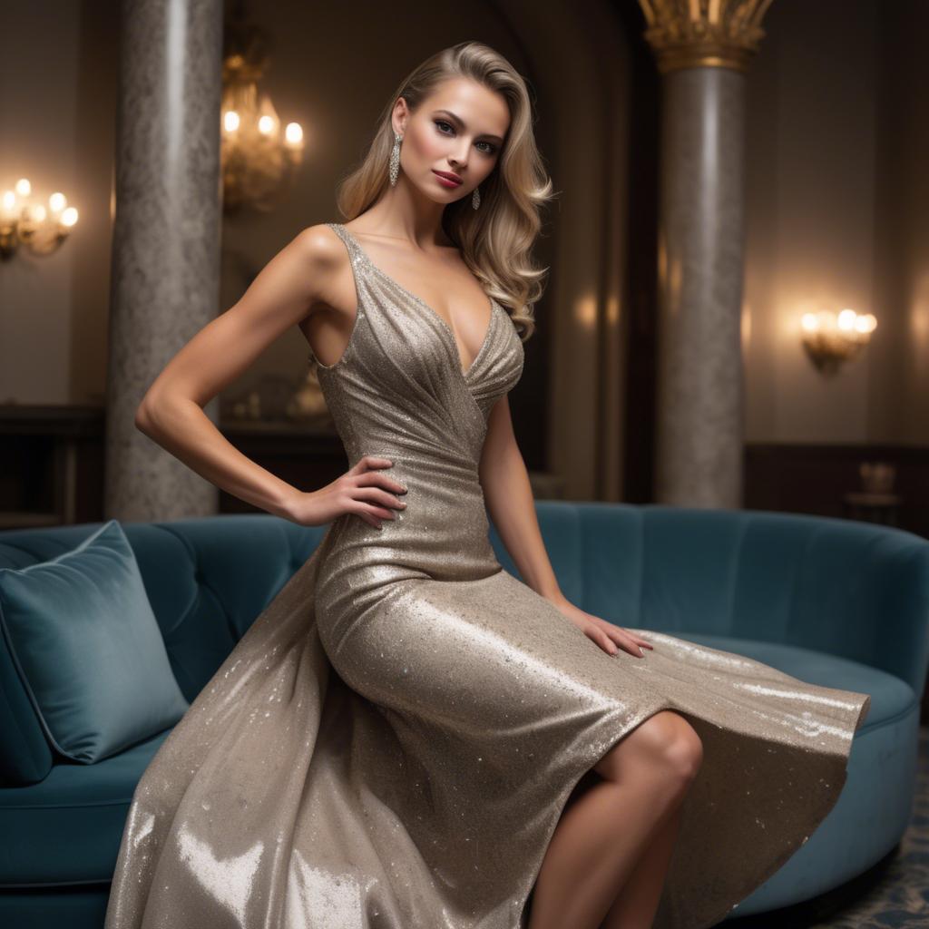 A stunning image of hungarian bombshell in a glittering cocktail dress surrounded by refined evening elegance.