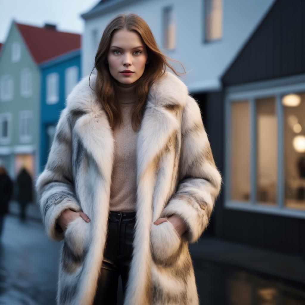 A stunning image of icelandic vision in a fluffy faux-fur coat radiating a captivating winter glow.