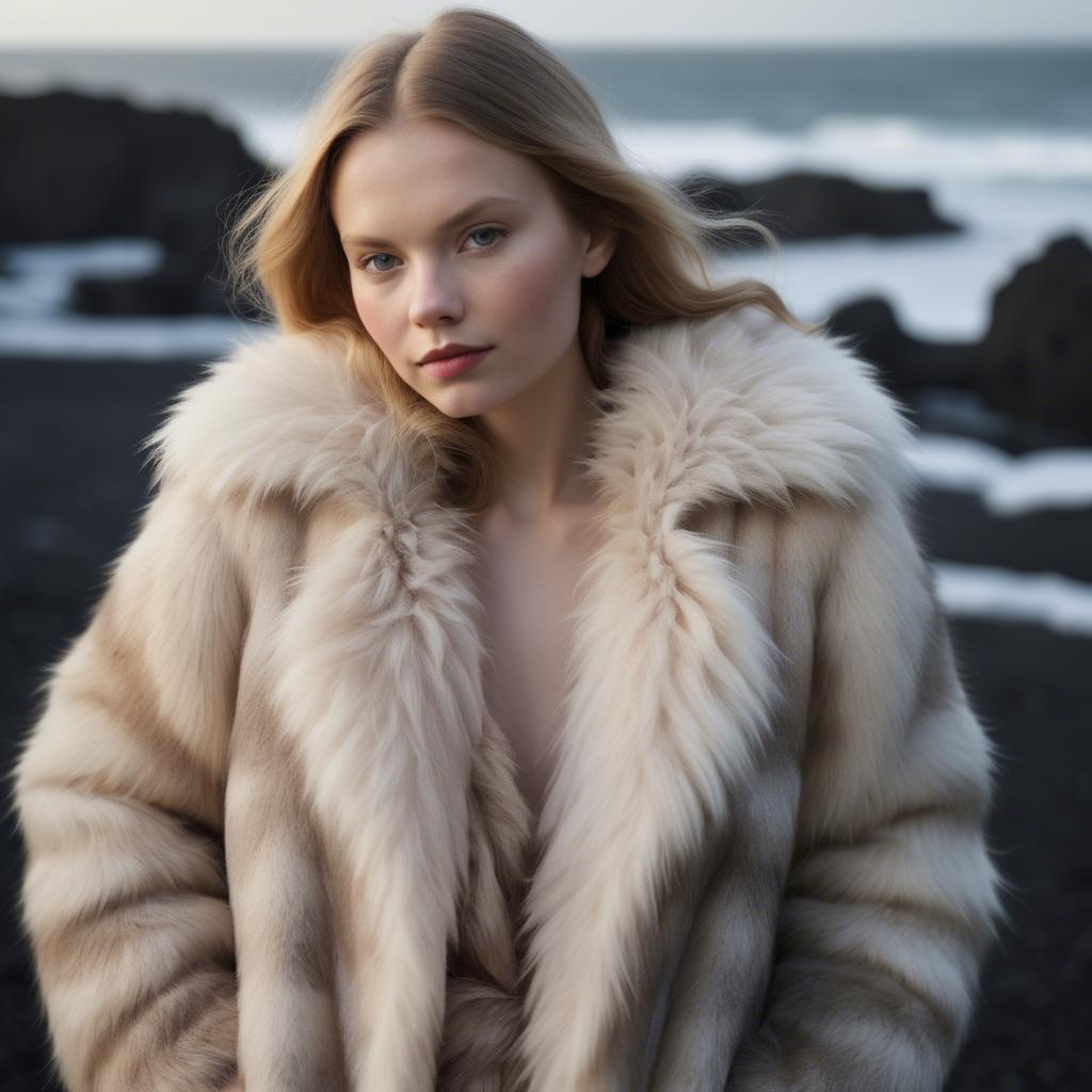 A stunning image of icelandic vision in a fluffy faux-fur coat radiating a captivating winter glow.